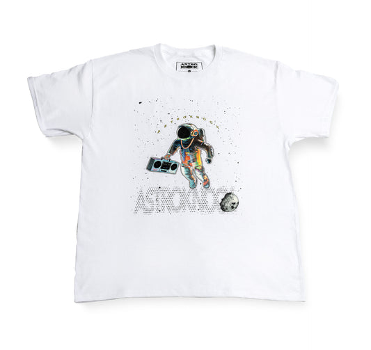 Exclusive AstroKnock White T-Shirt With Space Man Boom Box Round Neck